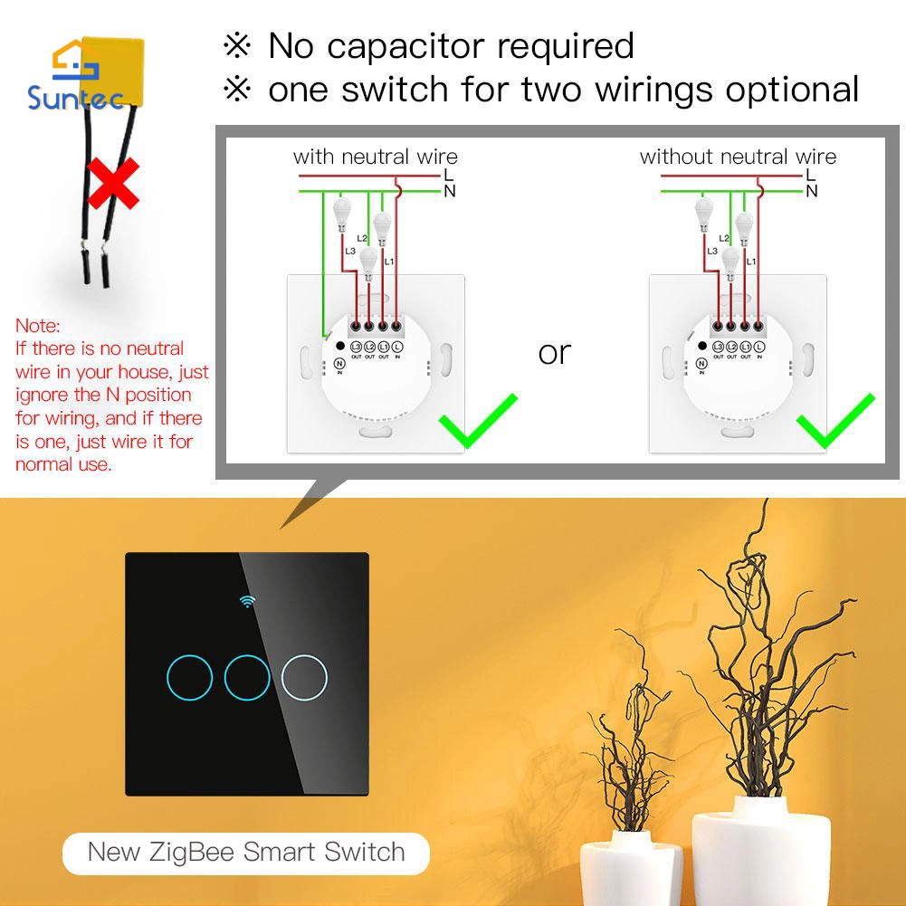 Zigbee/WiFi Tuya Smart Electrical Touch Switch Remote Control Glass Touch Light Switch with Neutral or No Neutral Optional