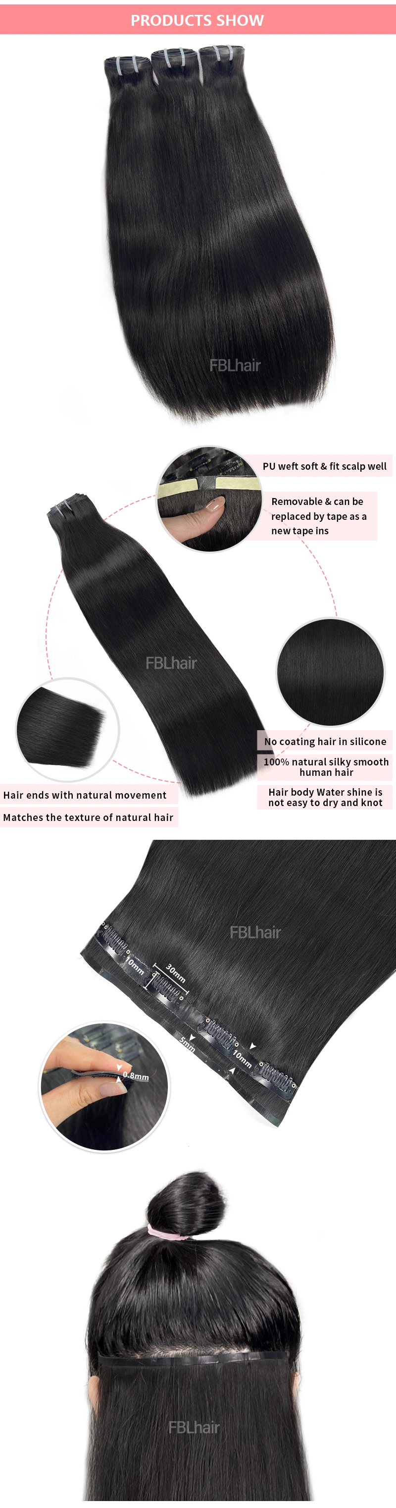 Fblhair Straight Invisible Hair PU Seamless Clip Ins Human Hair Extensions