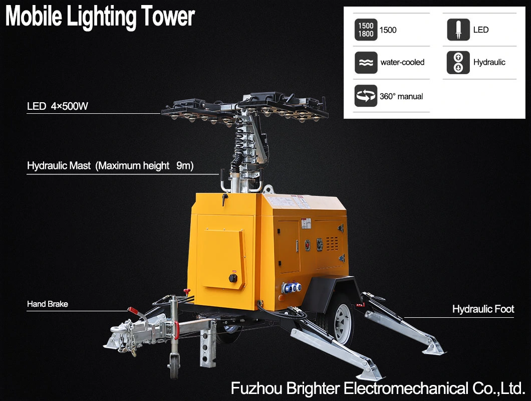 Trailer-Mounted Kubota Power LED Lamp Mobile Light Tower with Trailer and 10m Height Mast