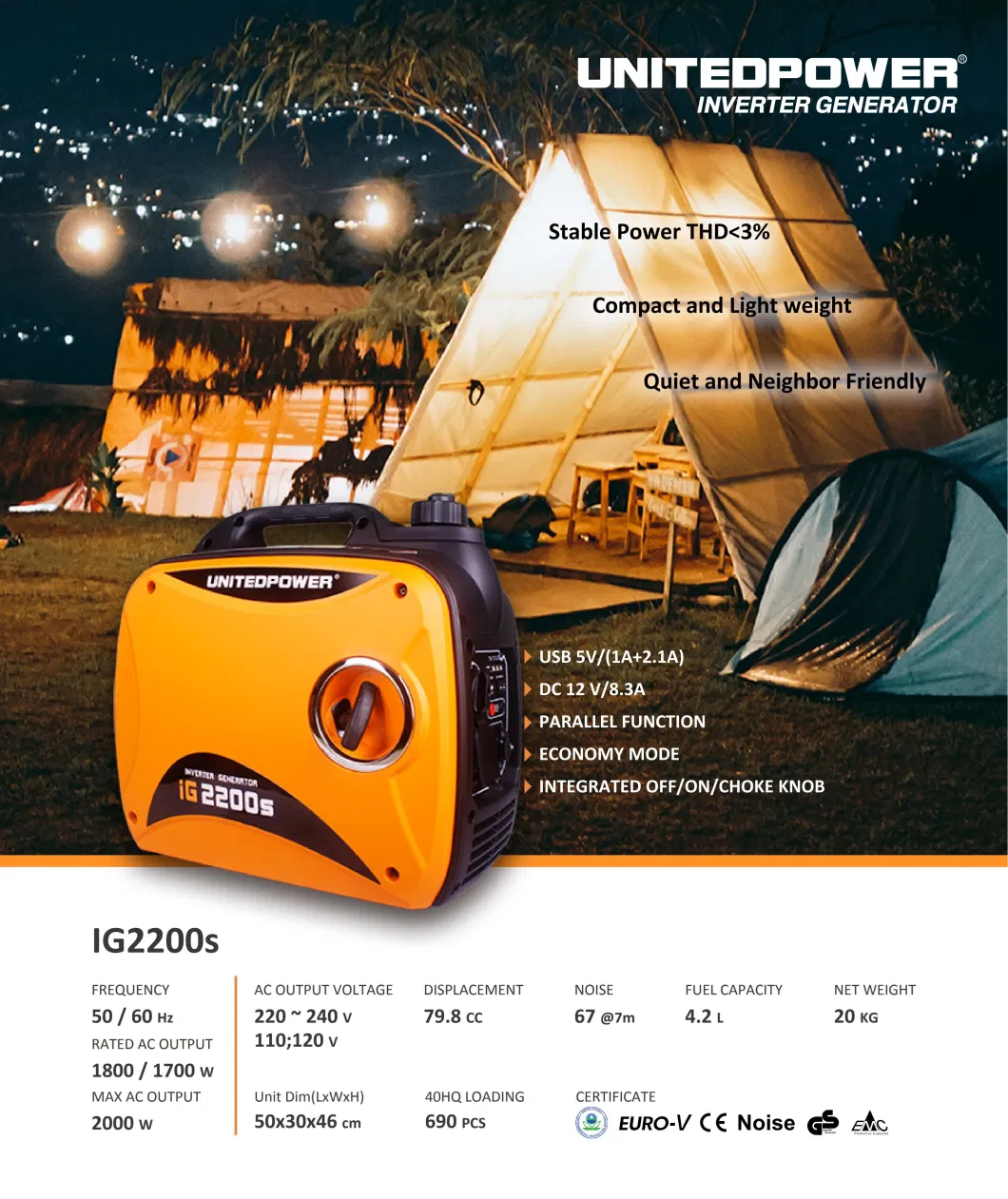 2000W 2kw Super Silent Fuel-Efficient AC+DC+USB Camping Outdoor CE Euro-V &amp; EPA Portable Pure Sine Wave Gasoline Inverter Generator