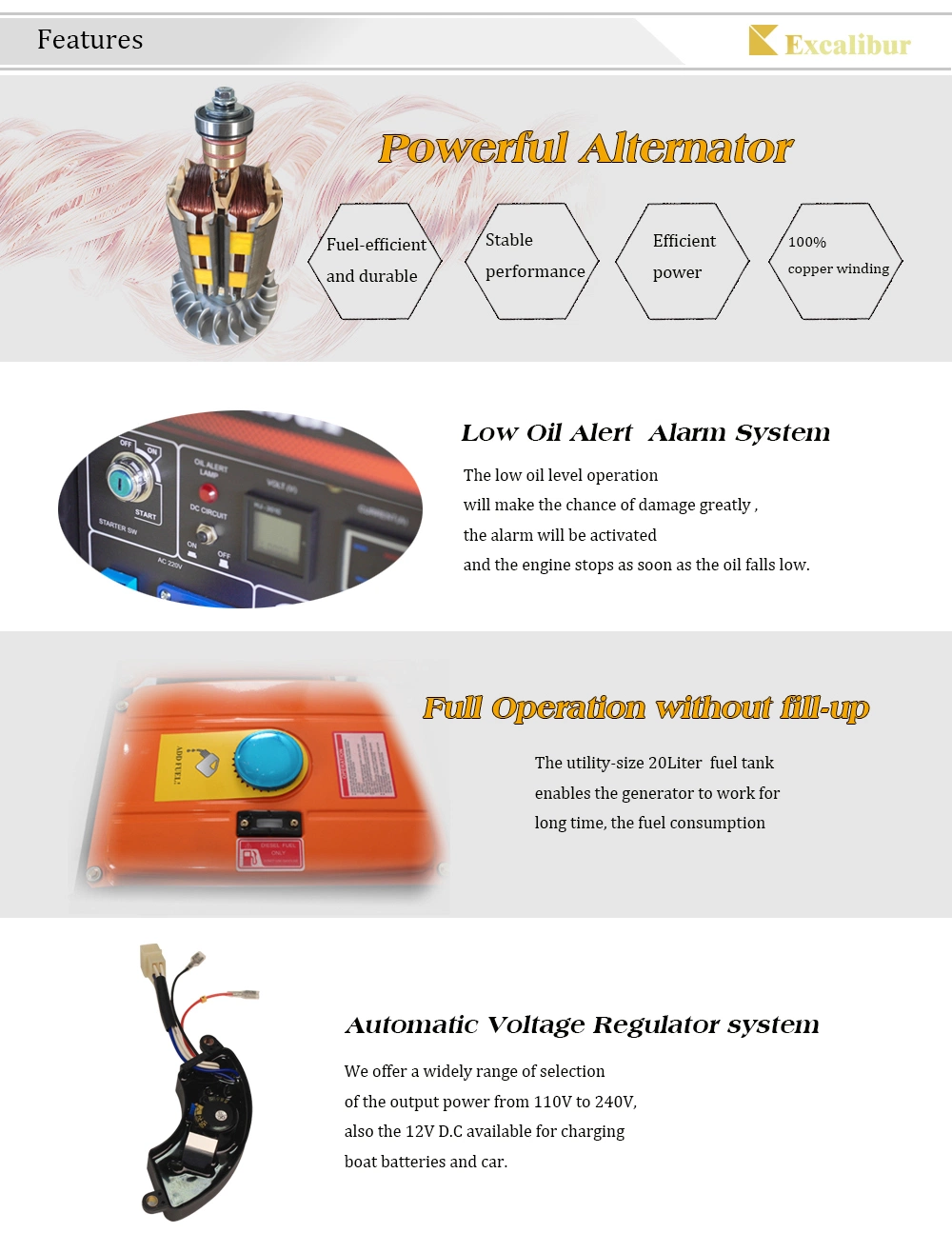 Excalibur 220V 5.5kw Deisel Silent Generator Price with Electric Start