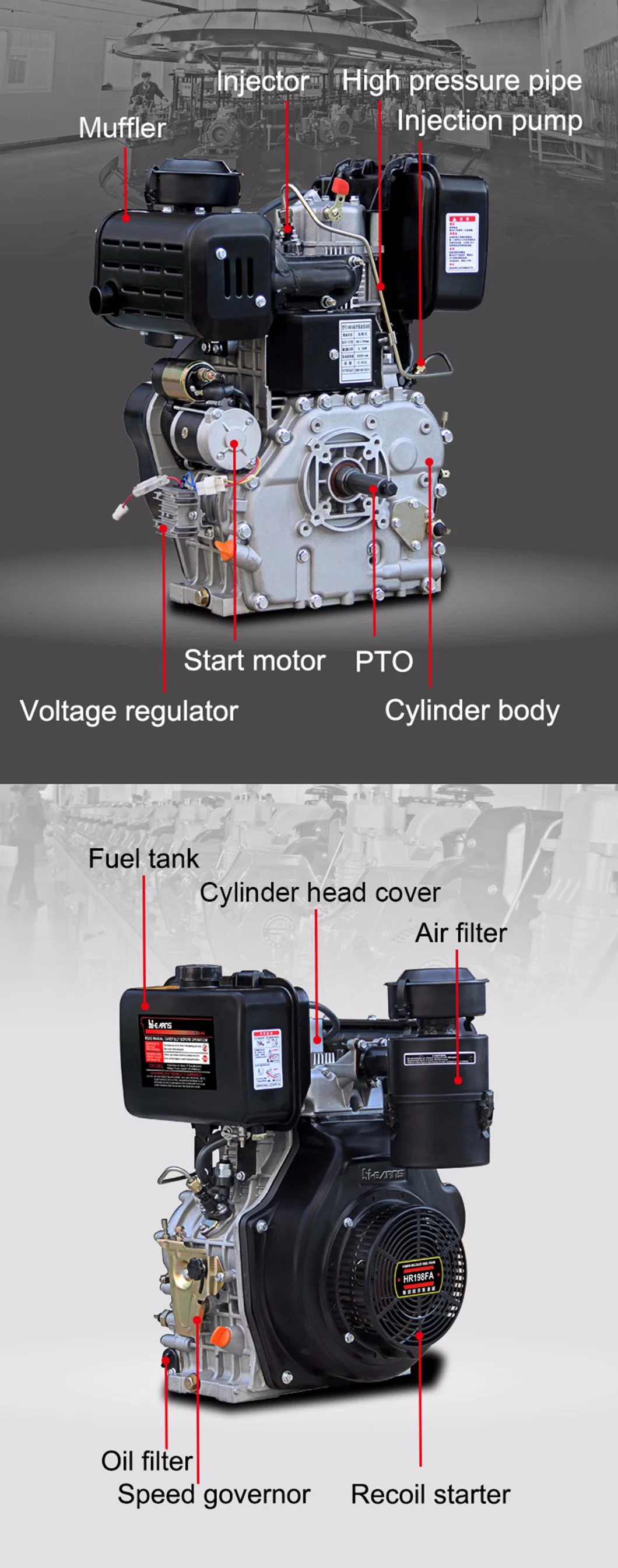 3000rpm Naturally Aspirated Hi-Earns / OEM V-Twin Type Aircooled Diesel Engine