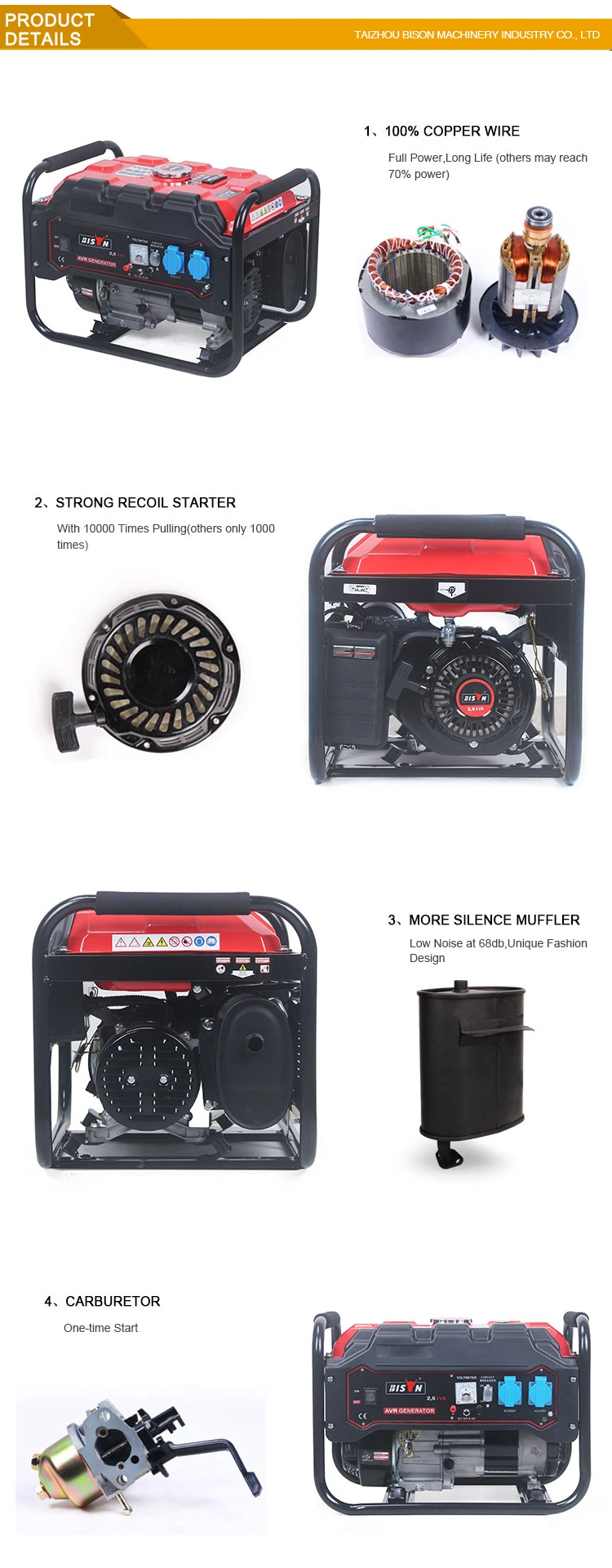 Bison Wholesale Customization 500W 850W 1000W 2000W 3kw 5.5 6.0kw 7.5kVA 8500W Home Small Portable Petrol Engine Gas Mini Power Gasoline Generator