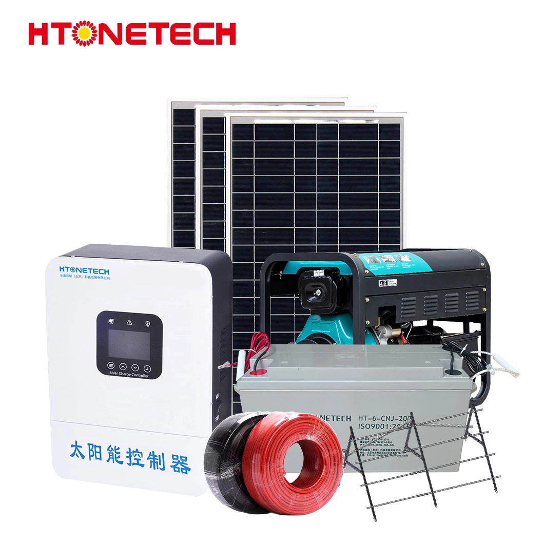 Htonetech Solar Panel System off Grid China 5kw 10kw 25kw 30W 78kw Fixed Mono Solar Panel Water Cooled Open Type Diesel Generator 2kv on Grid Solar System