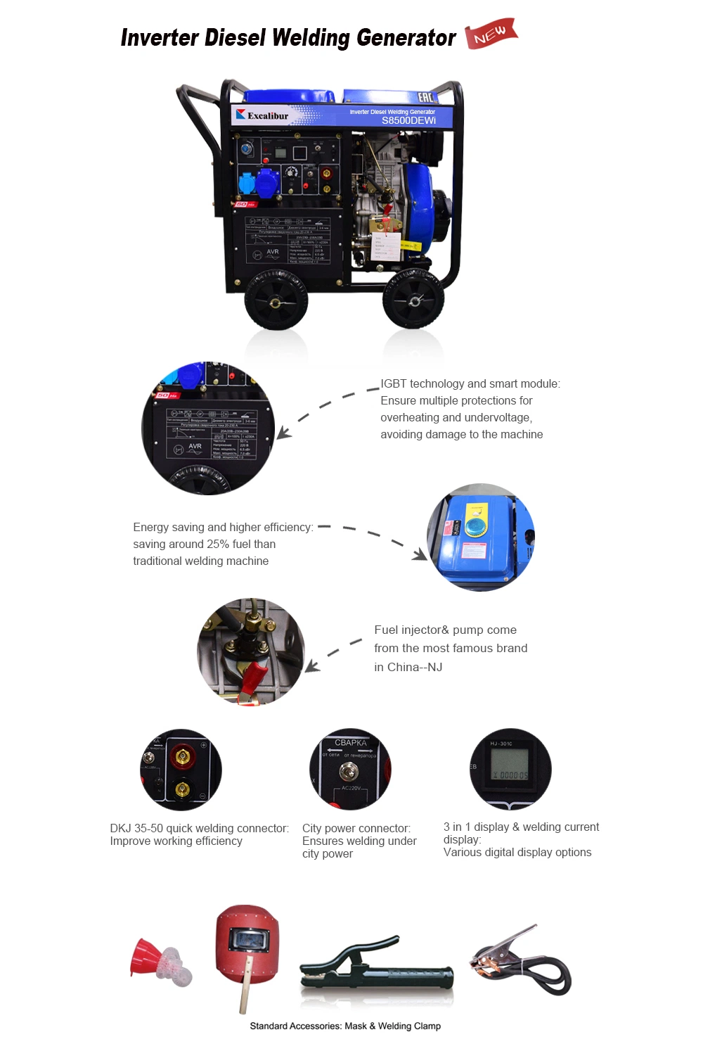 Excalibur 160A 180an190A 2kw Inverter Diesel Welding Generator Machine Diesel Welder Generator