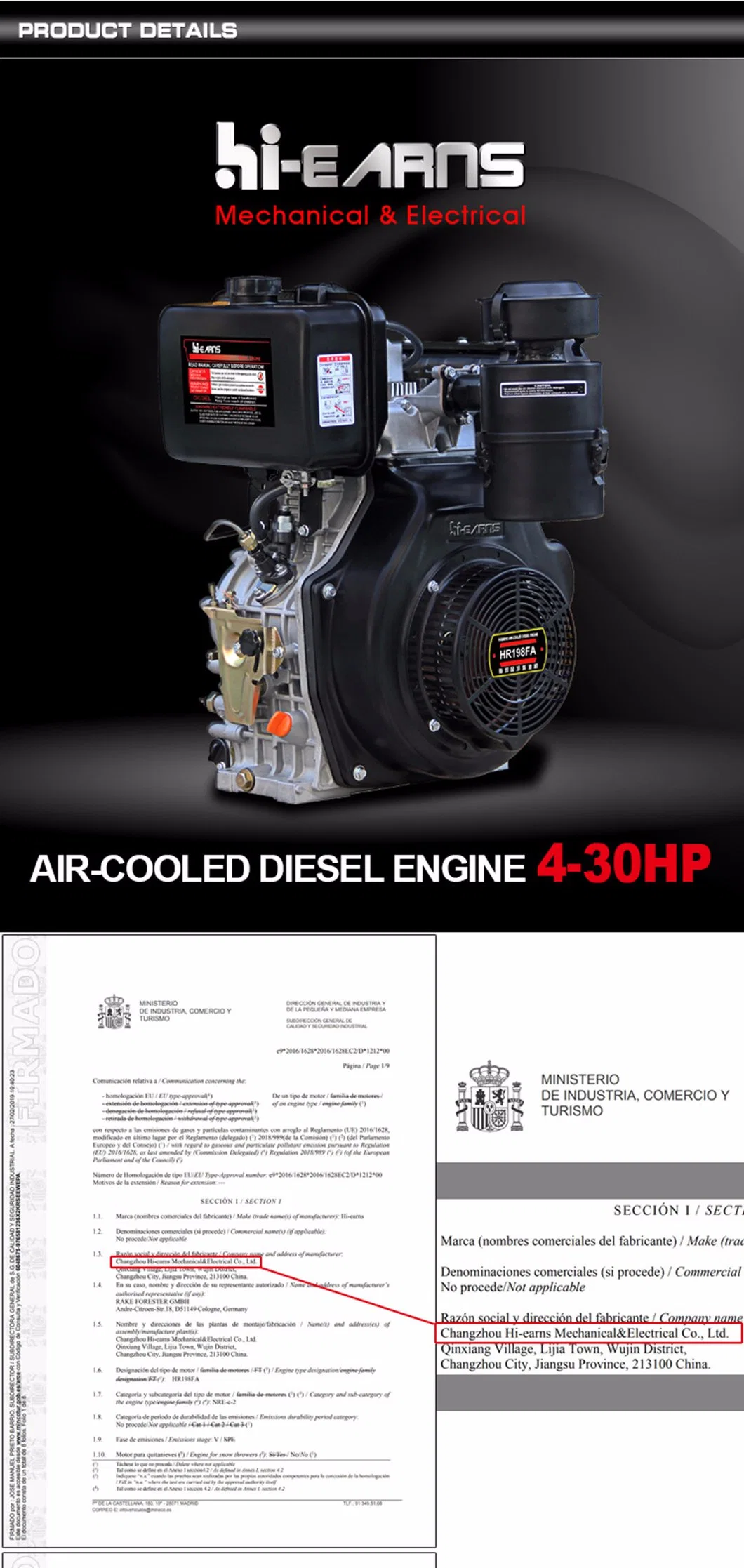 3000rpm Naturally Aspirated Hi-Earns / OEM V-Twin Type Aircooled Diesel Engine