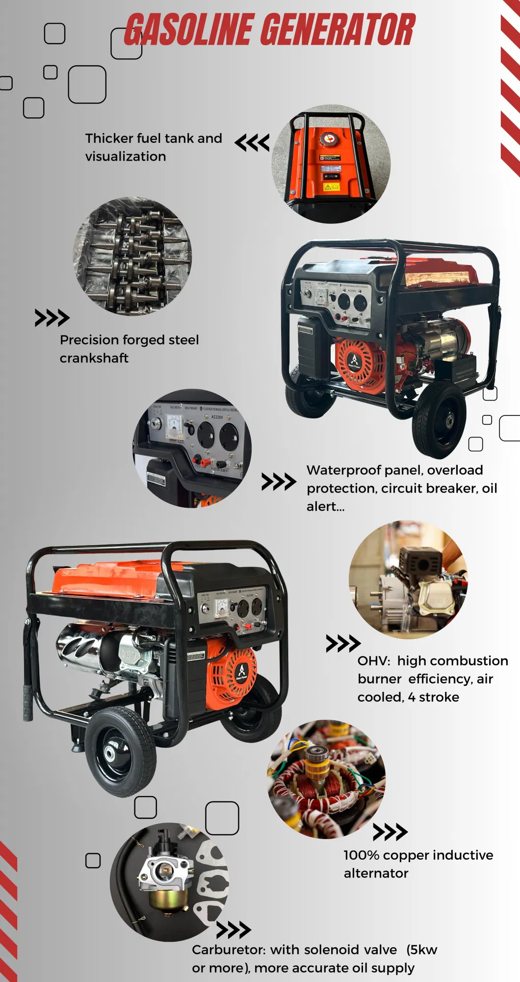 Aisen Engine 220V 2kw 2.5kw 3kw 4kw 5kw Portable Petrol LPG/Gas/Gasoline Generator with Wheels