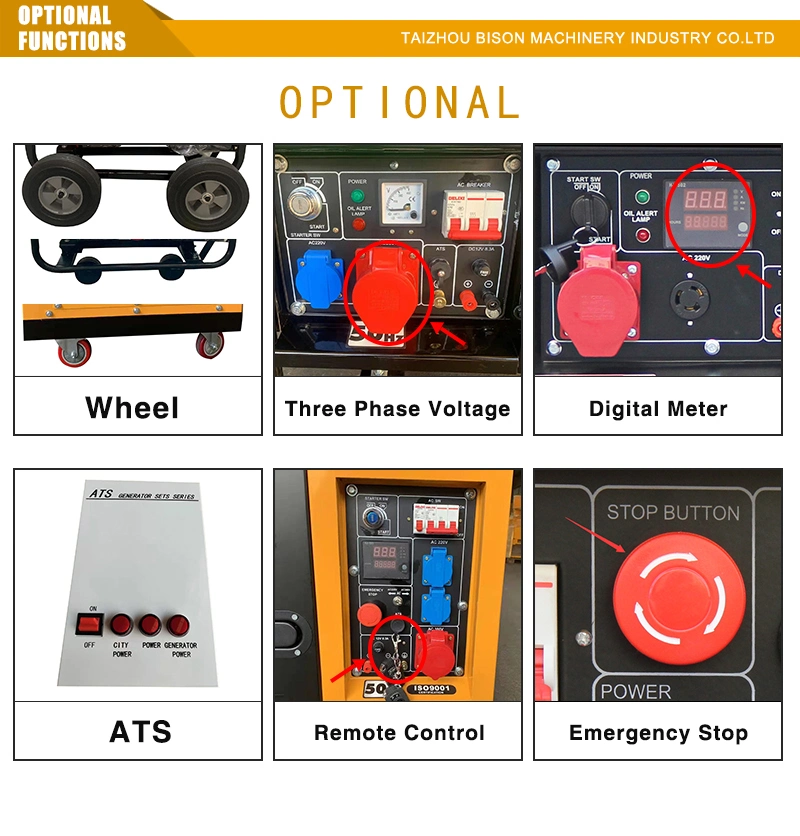 Bison 3kw 3kVA 4kw 4kVA 5kw 5kVA 6kw 6kVA 7kw 7kVA 8kw 8kVA 10kw Portable Air-Cooled Silent Electric Power Diesel Generator