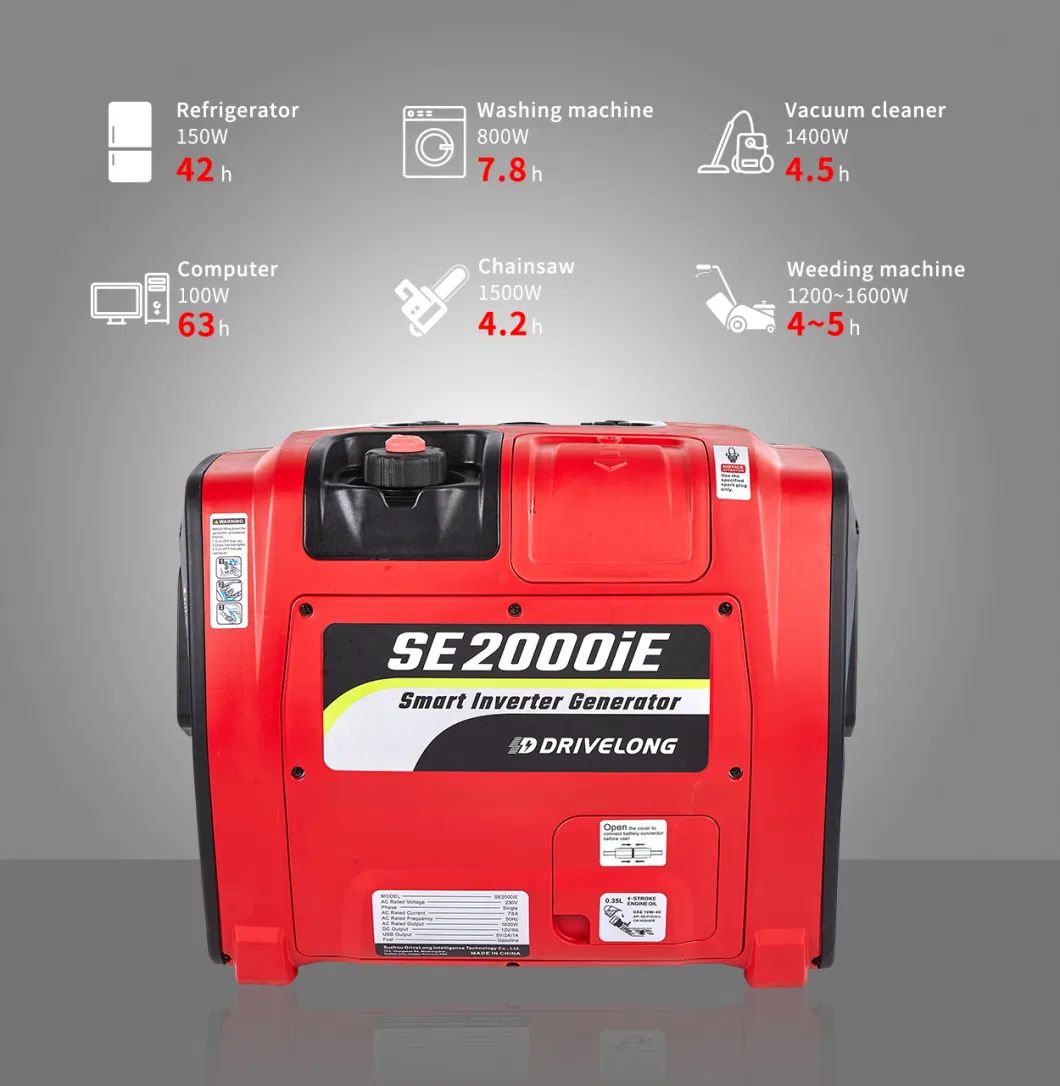 SE2000iE 2000W 2kw Super Silent Smart Portable Gasoline Engine Inverter Generator for Camping Home Use with Wheels &amp; Electric Starter
