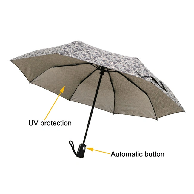 Stock DOT Printing Silver UV Coated Fashion 3 Folding Automatic Open Sun Rain Umbrella for Summer