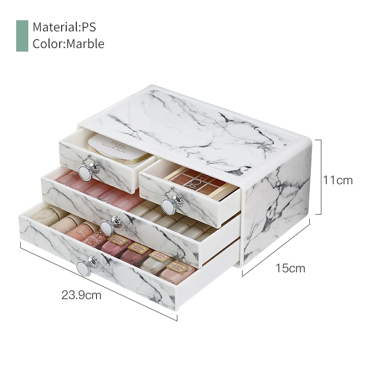 Luxury Drawer Design 3 Tier Small Cosmetic Case Holder Plastic Marble Makeup Organizer for Dressing Table