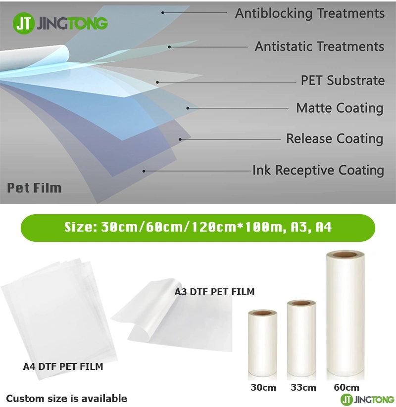 High Quality 30cm 33cm 60cm Pet Film Rolls Textile Heat Transfer Dtf Film A4 A3 for Inkjet Printer