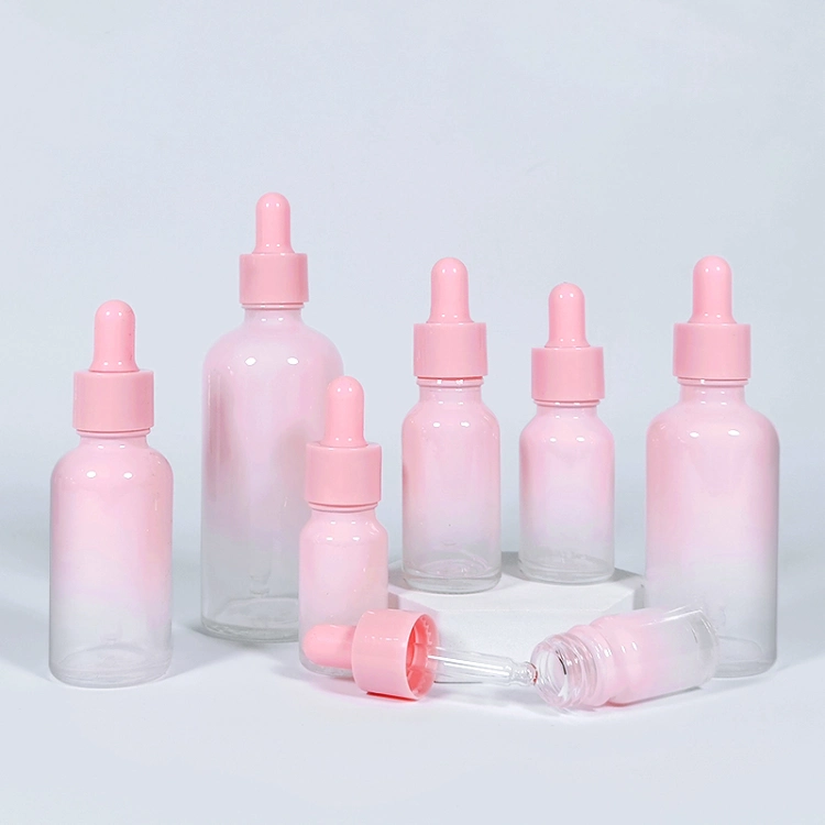 Gradient Pink Colored 50ml Round Glass Skincare Dropper Bottle Package for Face Serum and Essential Oil