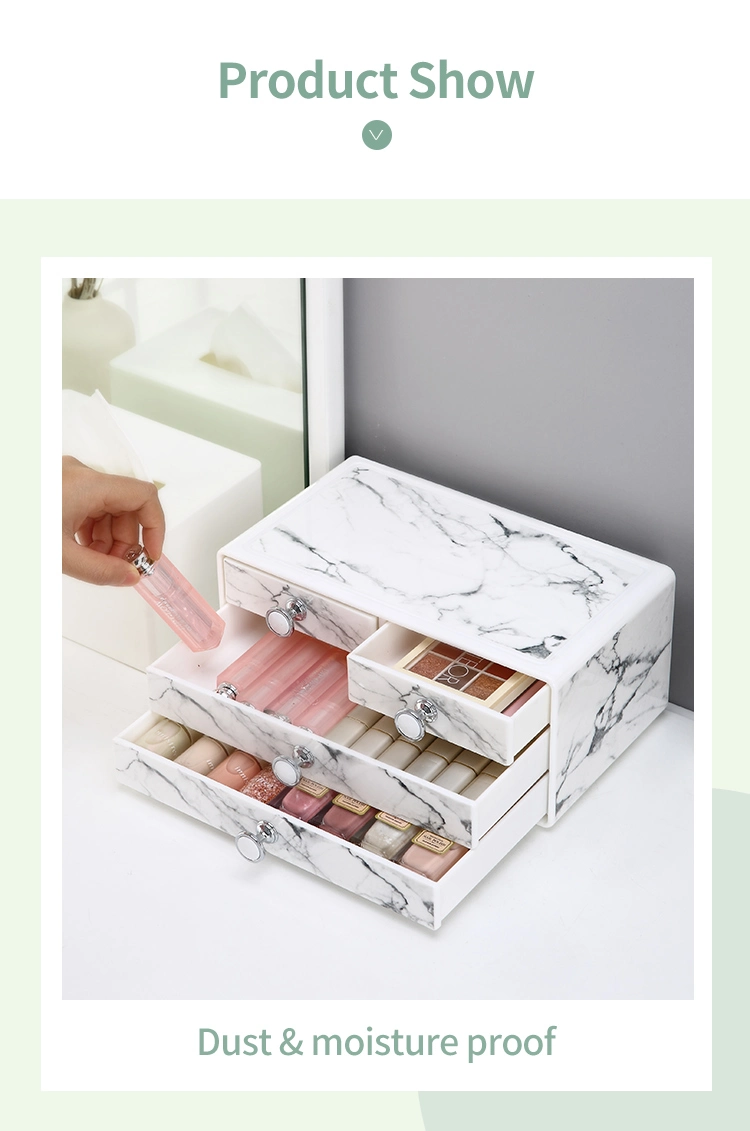 Luxury Drawer Design 3 Tier Small Cosmetic Case Holder Plastic Marble Makeup Organizer for Dressing Table