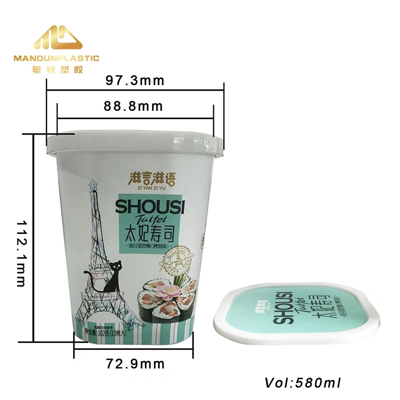 Custom Recyclable in Mold Labeling 580ml PP Plastic Instant Noodles Iml Food Container with Lid