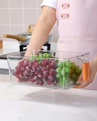 Refrigerator Food Fruit Drawer Organizer Pull out Adjustable Clear 2PCS Plastic Food Storage Organizer Bin with Handle