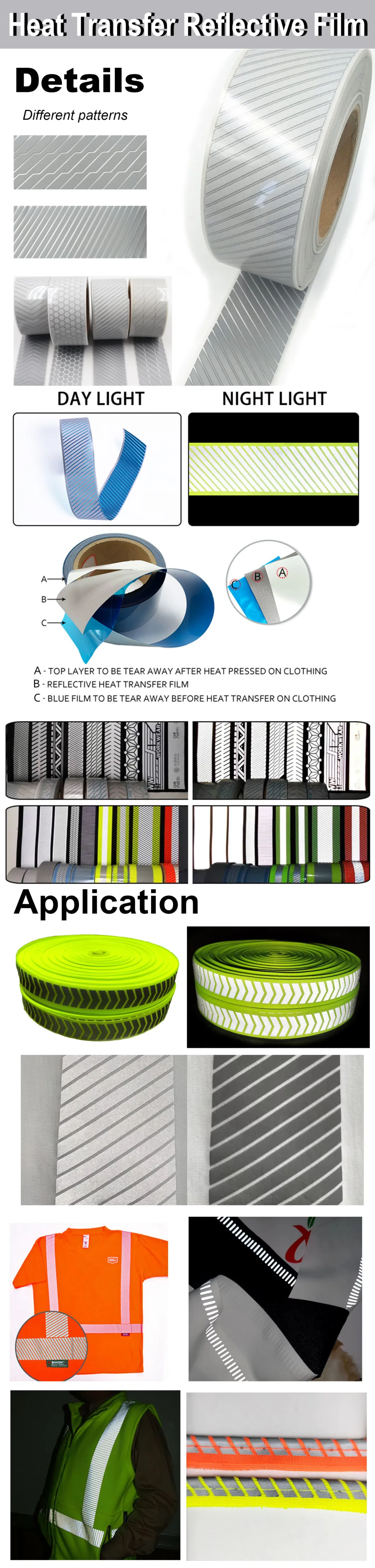 Special Printing 100%Polyester Silver High Reflectivity Iron on Clothing/Heat Transfer Reflective Film