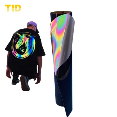  Commercio all&prime;ingrosso ologramma Rainbow Reflective Heat Transfer Vinyl lettering Unisex Cotton Stampa personalizzata di abbigliamento