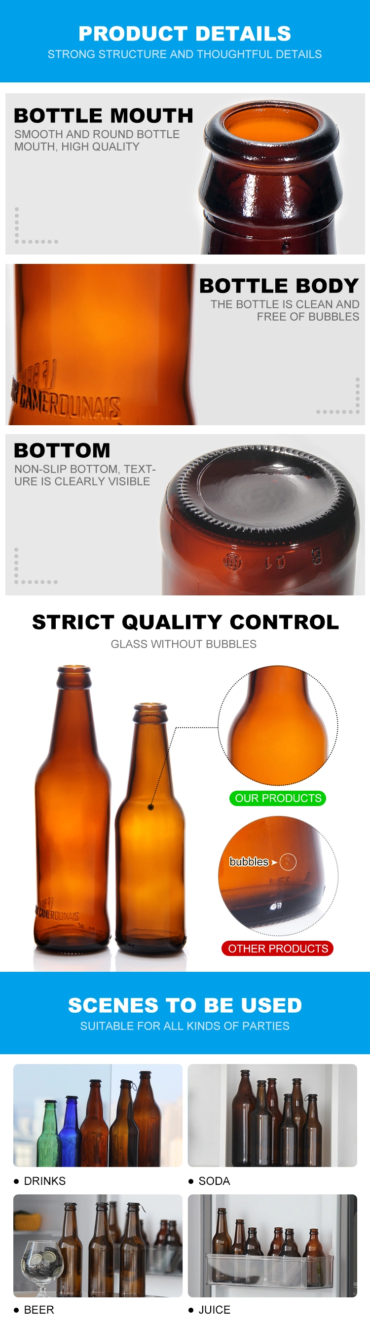 Custom 250ml 500ml Bluw Lead Free Botella De Vidrio for Beer Packing