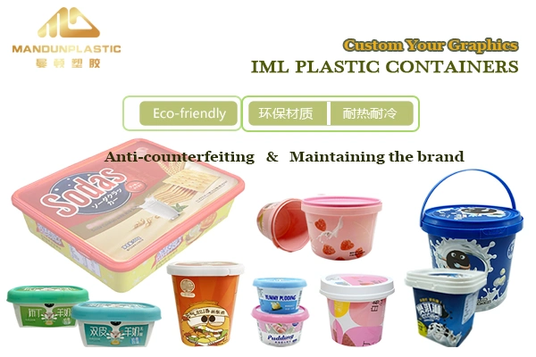 1.2L Custom Iml in Mold Labeling Ice Cream Biscuit Chocolate Plastic Bucket with Handle and Lid