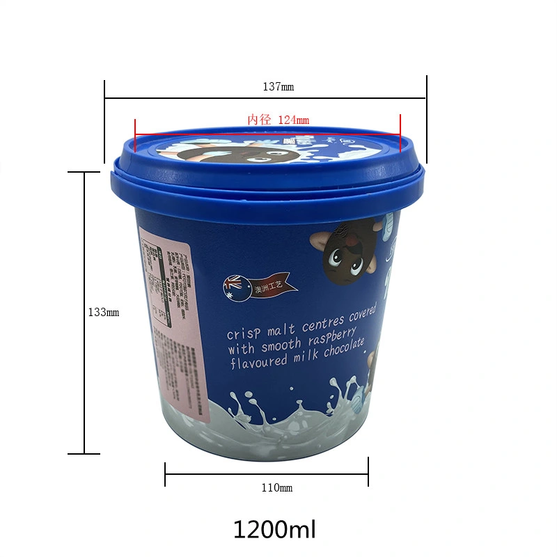 1.2L Custom Iml in Mold Labeling Ice Cream Biscuit Chocolate Plastic Bucket with Handle and Lid