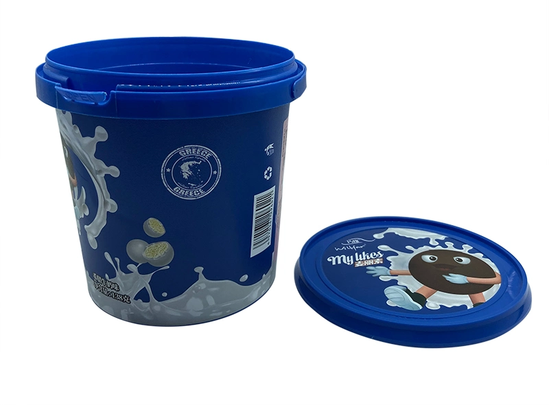 1.2L Custom Iml in Mold Labeling Ice Cream Biscuit Chocolate Plastic Bucket with Handle and Lid