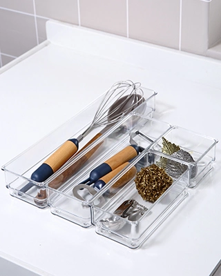 Multiple Combinations Clear Versatile Plastic Drawer Tray Drawer Organizer for Kitchen Utensil