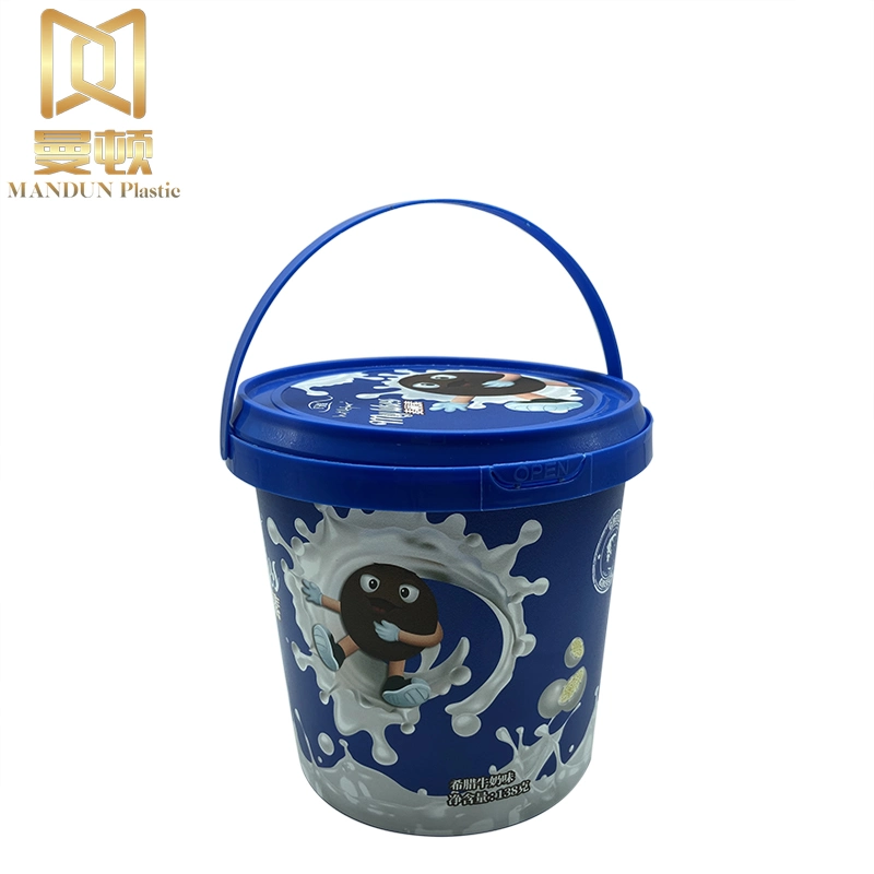 1.2L Custom Iml in Mold Labeling Ice Cream Biscuit Chocolate Plastic Bucket with Handle and Lid