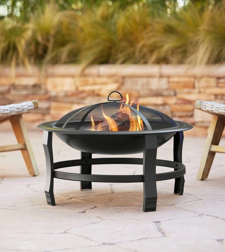 Rectangle Firepit with Glass Table and Powder Coated Black Metal Surroundings