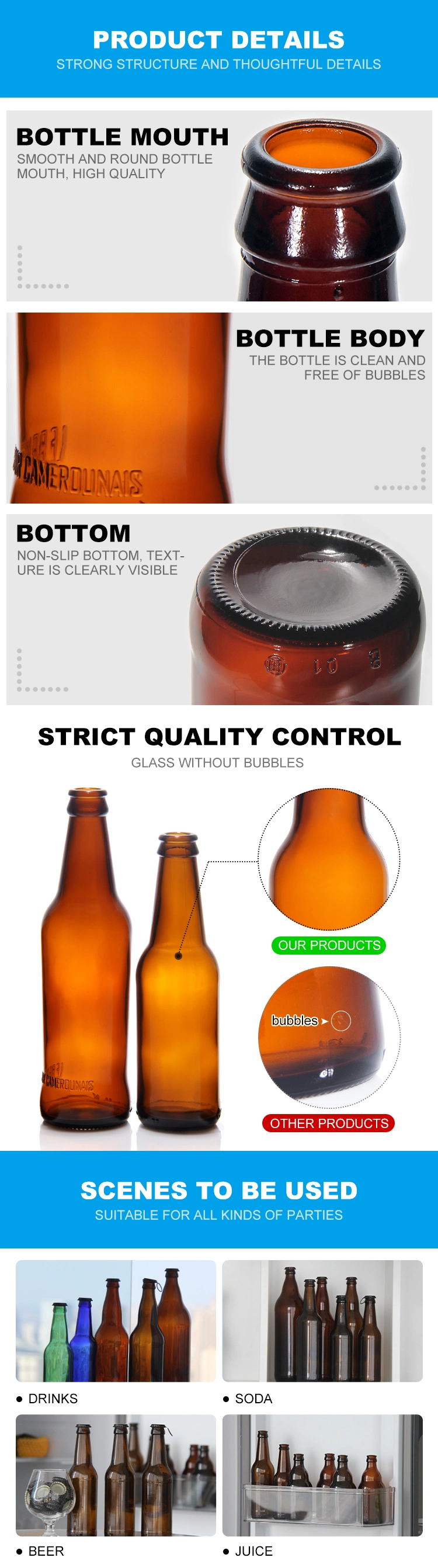 Custom Logo 250ml 275ml 330ml 500ml Transparent Moisture Proof Botella De Vidrio for Beer Packing