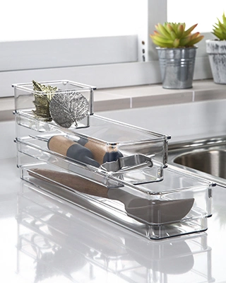 3 PCS Multiple Combinations Countertop Utensil Storage Tray Clear Plastic Drawer Organizer for Kitchen