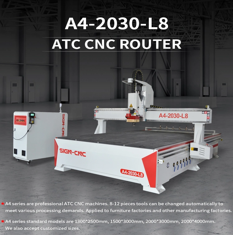 Wood CNC Router Machine of A4-2030-L8 Woodworking Machine with Servo Motor and Reducer for Furniture Industry Processing