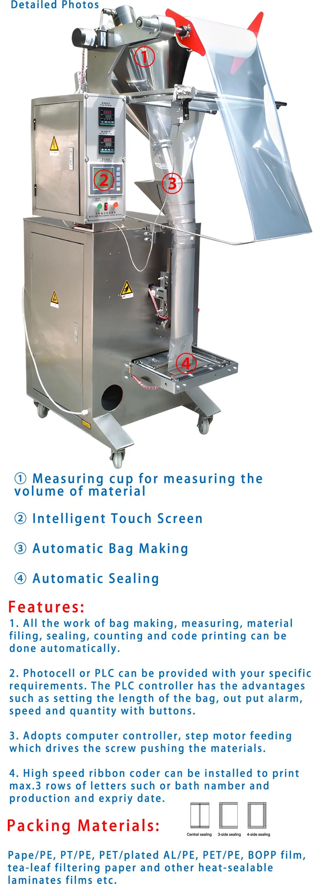 Automatic Vertical Powder Filling Packaging Machine for Filling Sealing Printing Cutting Counting