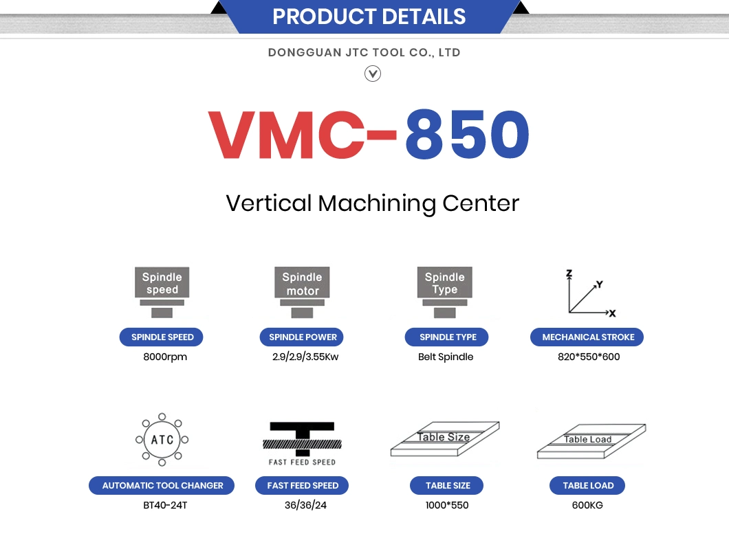 Jtc Tool 400 Table Travel Y mm Torno CNC Machine Manufacturing Vmc850 CNC Machine for Sheet Metal Work China Axis Vmc