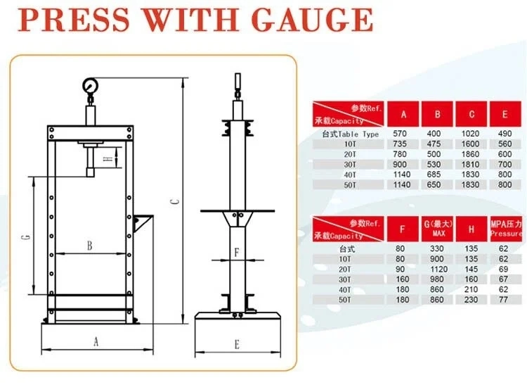 Max Working Distance 800mm Car Bearing Removal Equipment 30 Ton Hydraulic Shop Floor Press