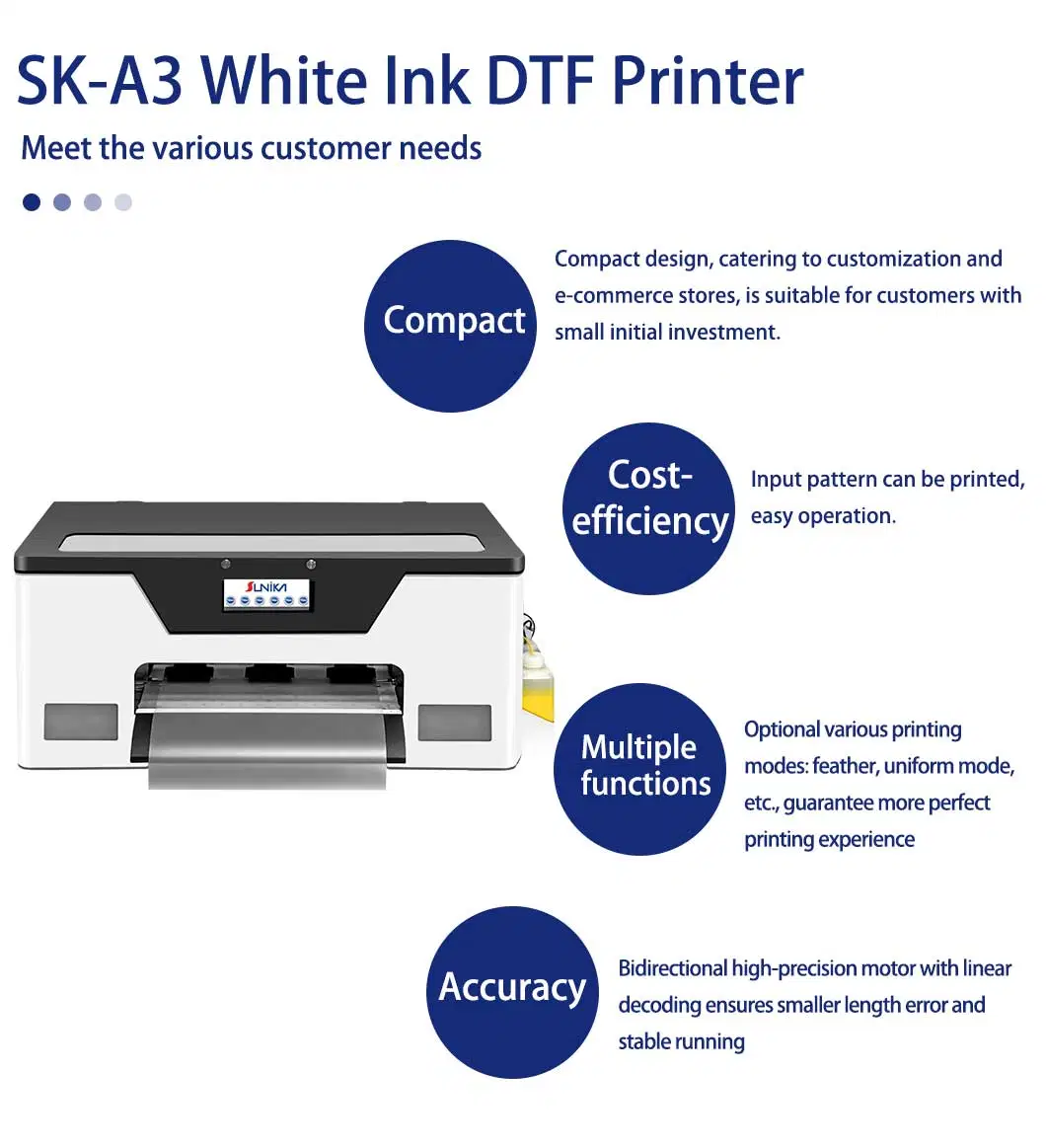 Sunika A3 Dtf Inkjet Printer Set Direct to Film T-Shirt Printing Machine with XP600 Printhead Heat Transfer Technology