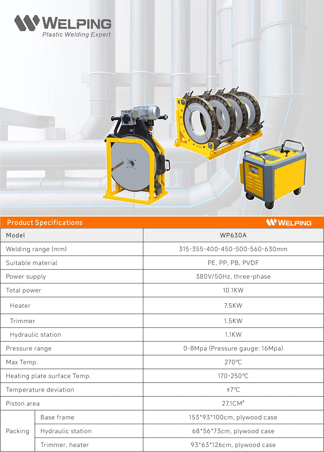 High Quality Welping Resistance Butt Welder Fusion Welding Joint HDPE Jointing Machine Wp630A