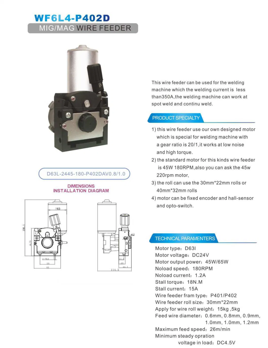 Euro 24 V 20W DC Welding Machine Automatic Wire Feeder for MIG