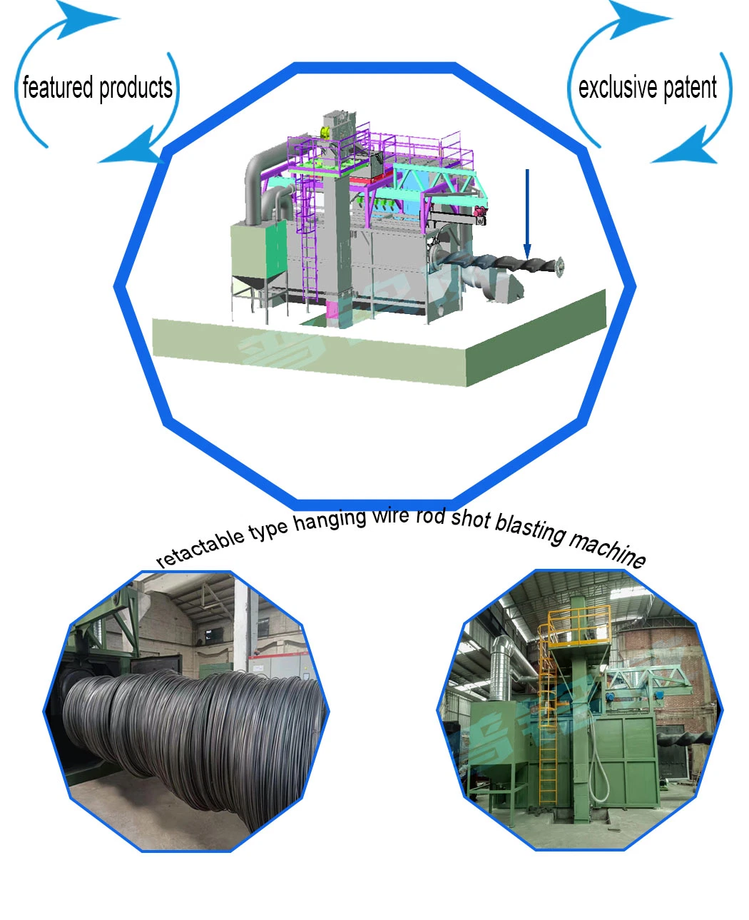 Single Position Hanging Retractable Mobile Mandrel Wire Rod Coil Shot Blasting Machine