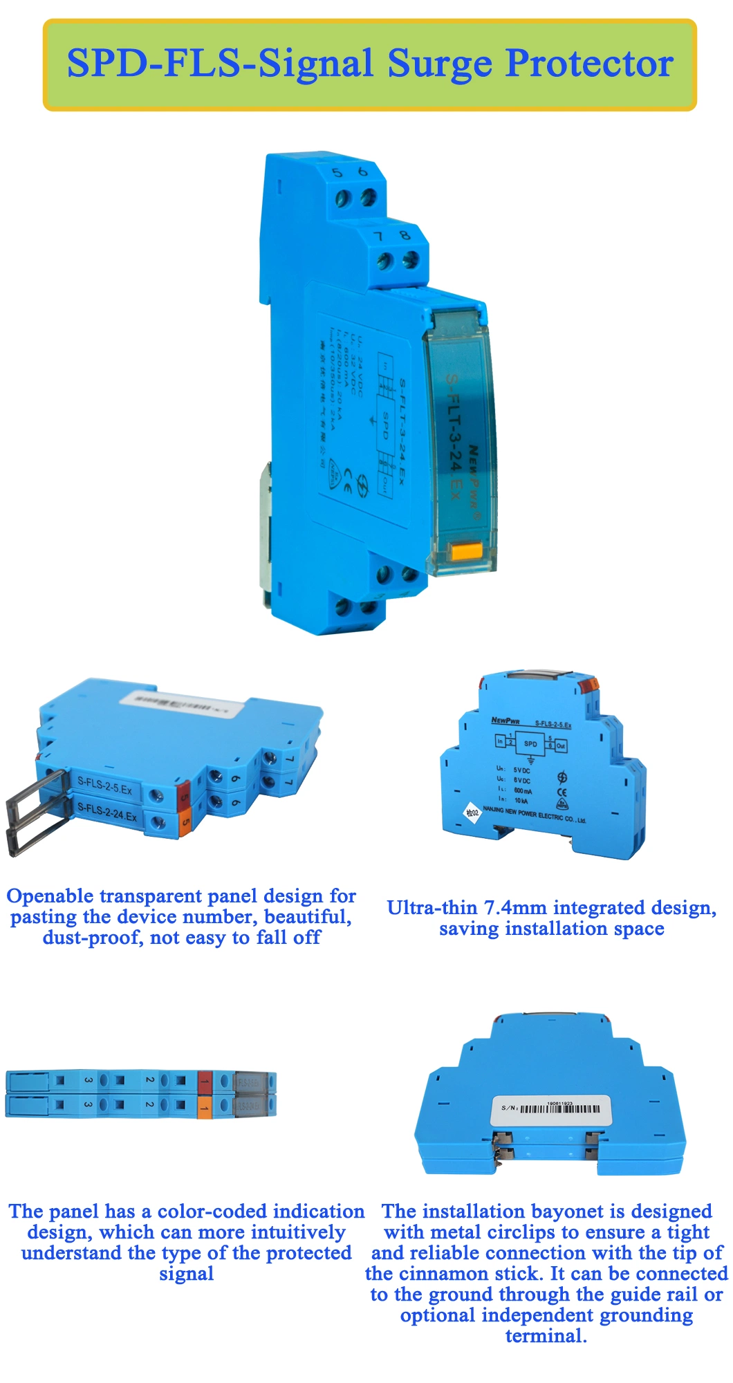 0-20mA RS485 2 Wires Signal Surge Protector PLC Surge Protector DC SPD 24V 5V Surge Arrester Surge Protection of Control System PLC/Dcs