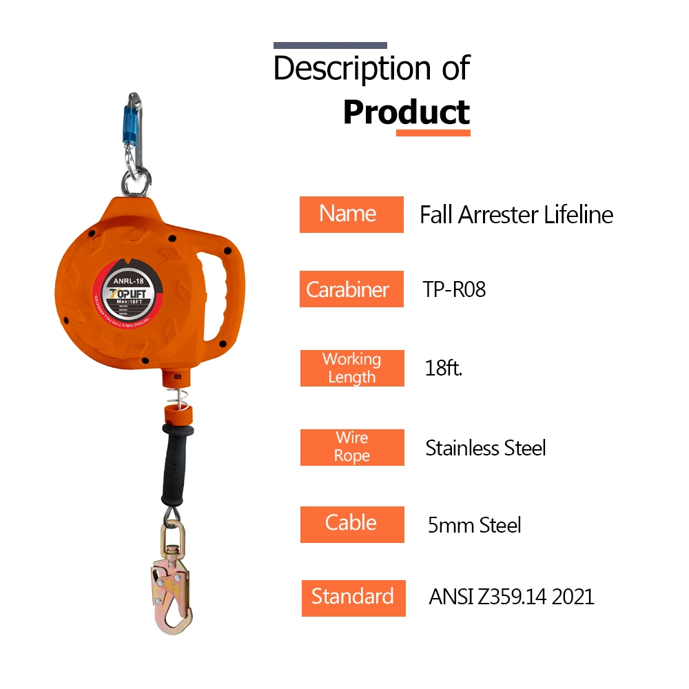 Factory ANSI Certified Wire Rope Type Retractable Fall Arrester