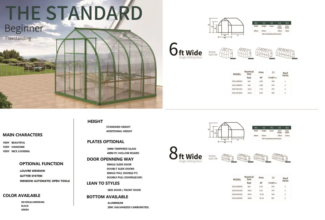 Aluminium Frame Walk-in Polycarbonate Greenhouse 6X4 6X6 6X8 8X6 8X16 and More Spec. for Garden