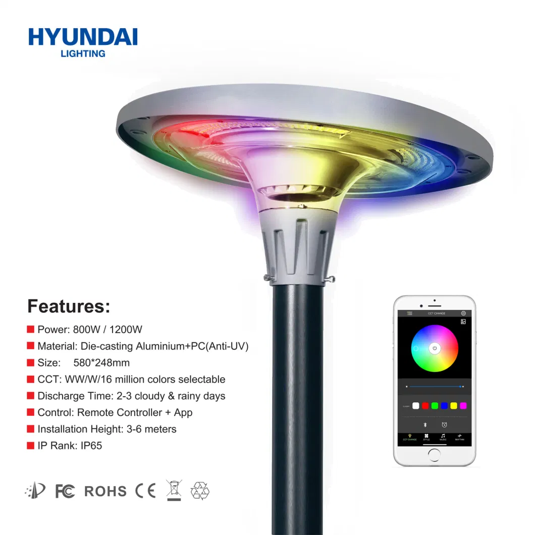 Hyundai Hot Sale Smart Control with Bluetooth Music Solar RGB LED IP65 UFO Garden Landscape Light Street Lighting