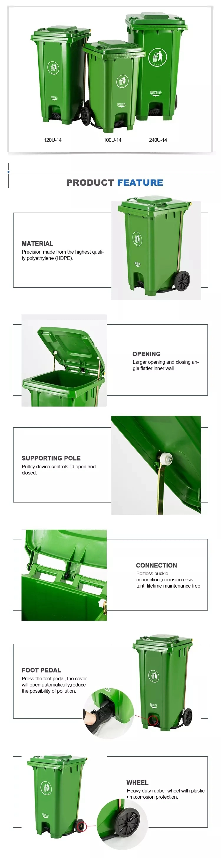 Outdoor Garbage Plastic Wheelie Bin with Various Sizes and Colors for Public Places