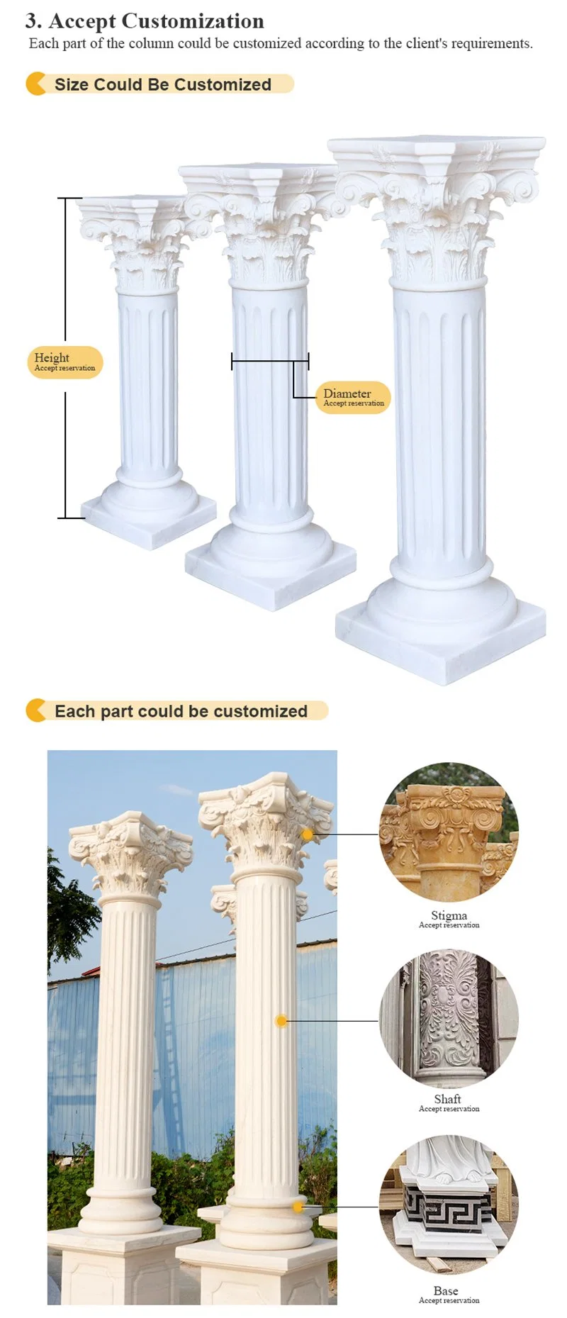 Classic Design Round Stone Pillars Hand Carved Natural Marble Roman Column