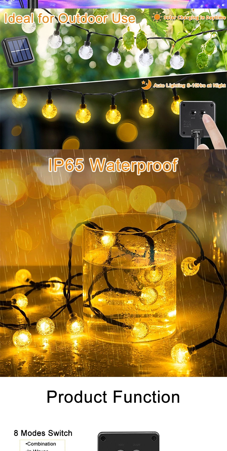 Outdoor Waterproof Crystal Globe Lights Solar String Light with 8 Lighting Modes