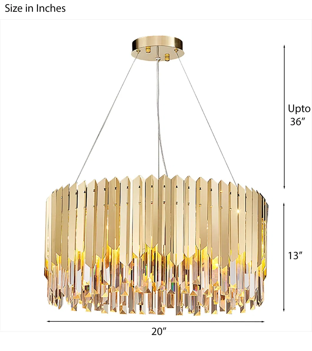 Golden Luxury Round Shape Home Decorative LED Lighting Circle Iron Crystal Chandelier Pendant Light Fixture