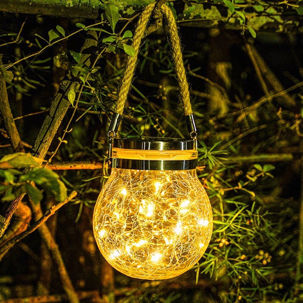 Balcony Layout Decor Christmas Ball Glass Jar Crack Solar Light Outdoor LED Garden Hanging Lamp Wish Waterproof Night Lights