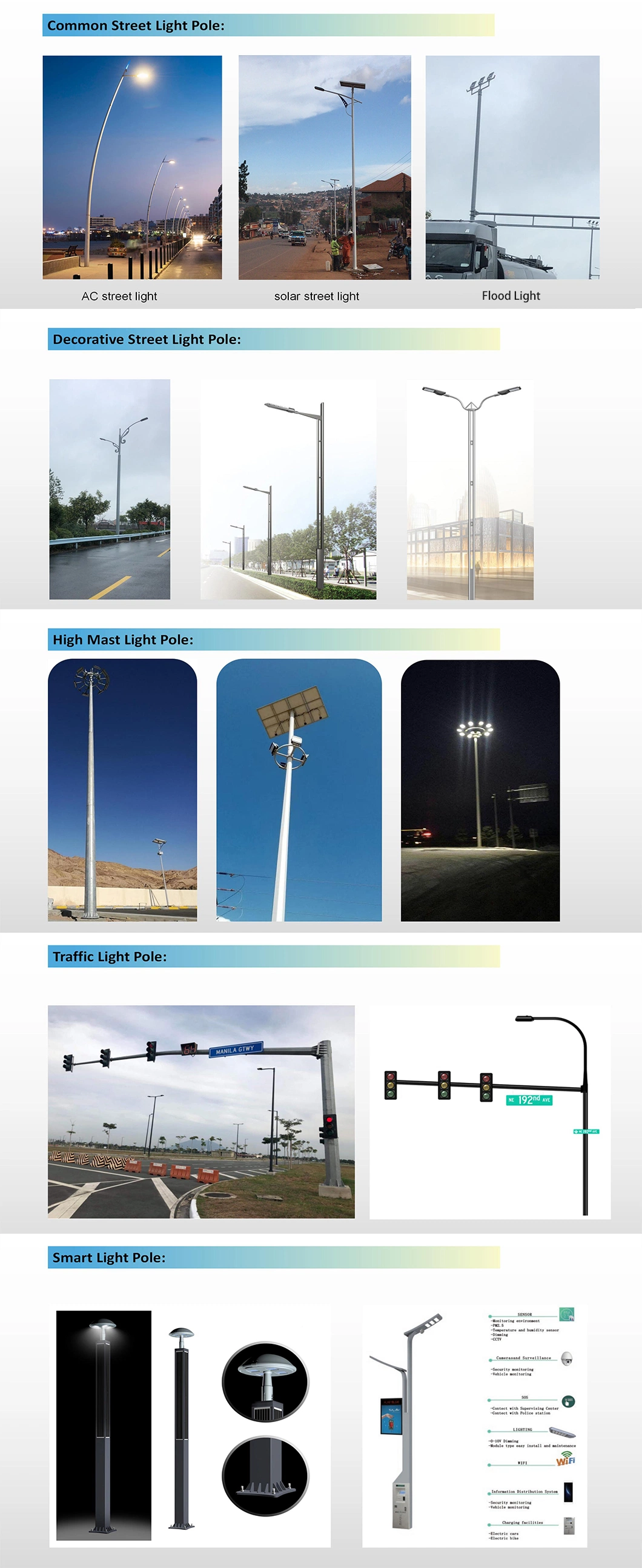 160km/H Wind Resistance IP65 3m 4m 5m 6m 7m 8m 9m 10m 11m 12m Outdoor Iron/Steel Solar Street Light Pole Road Post Column