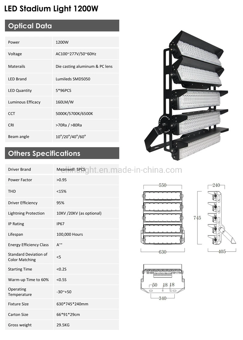 Outdoor IP67 500W/1000W/1200W/1500W LED Sports Stadium Floodlight High Mast LED Flood Light for Football Field Tennis Court